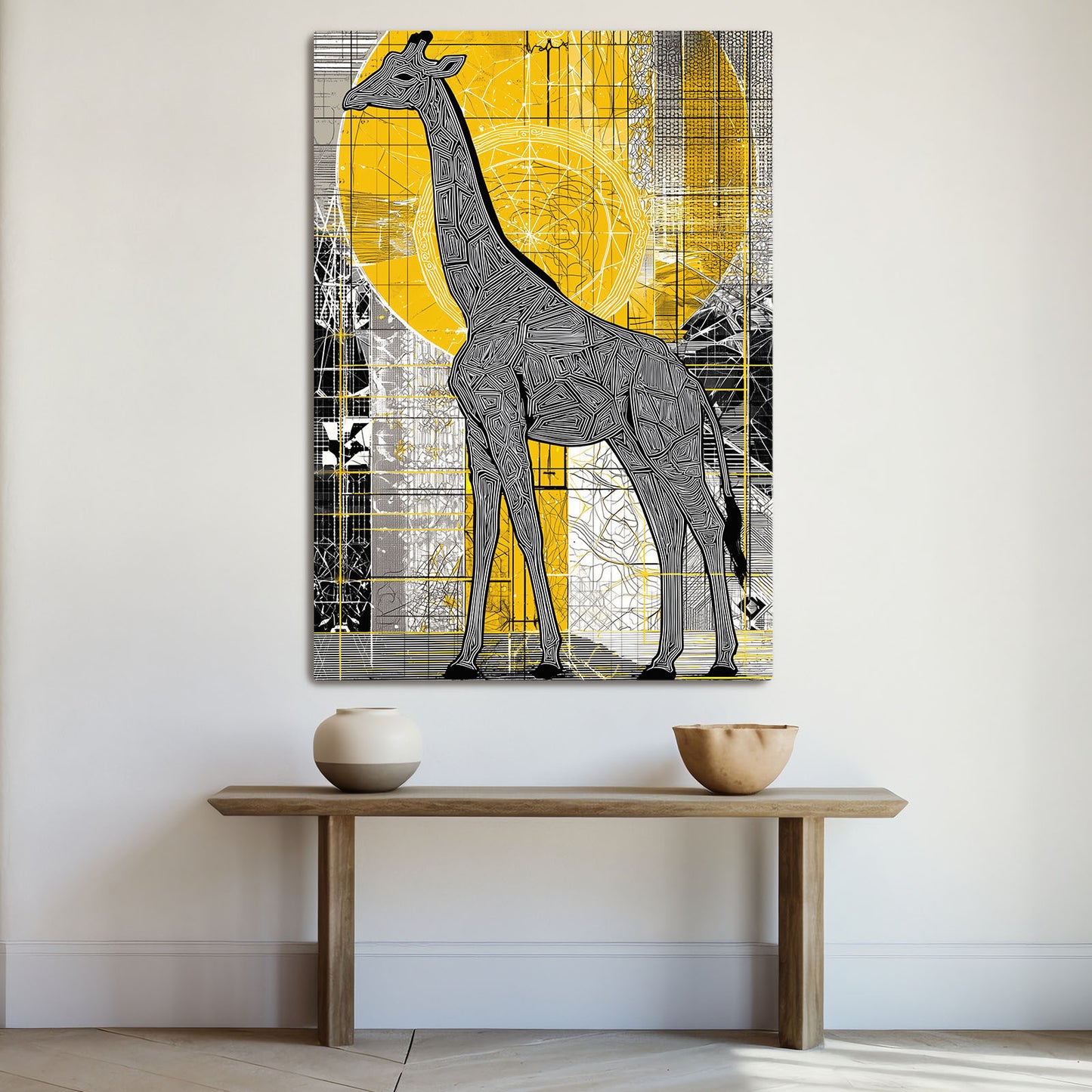 Abstract painting of a giraffe on a yellow background above a wooden table with two bowls.