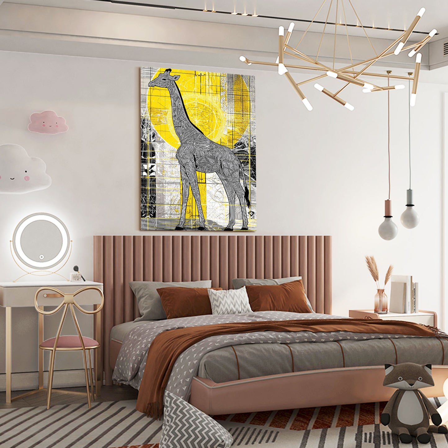 Modern bedroom with a pink bed, yellow and gray giraffe artwork, and decorative items.