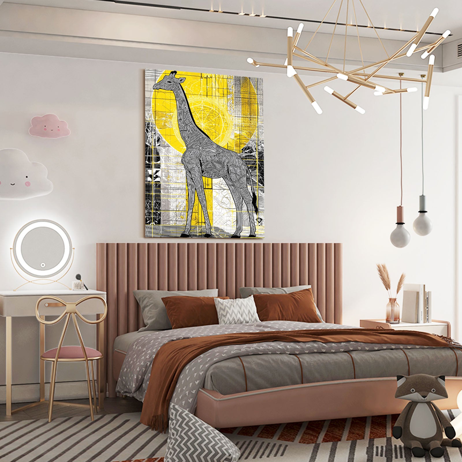 Modern bedroom with a pink bed, yellow and gray giraffe artwork, and decorative items.