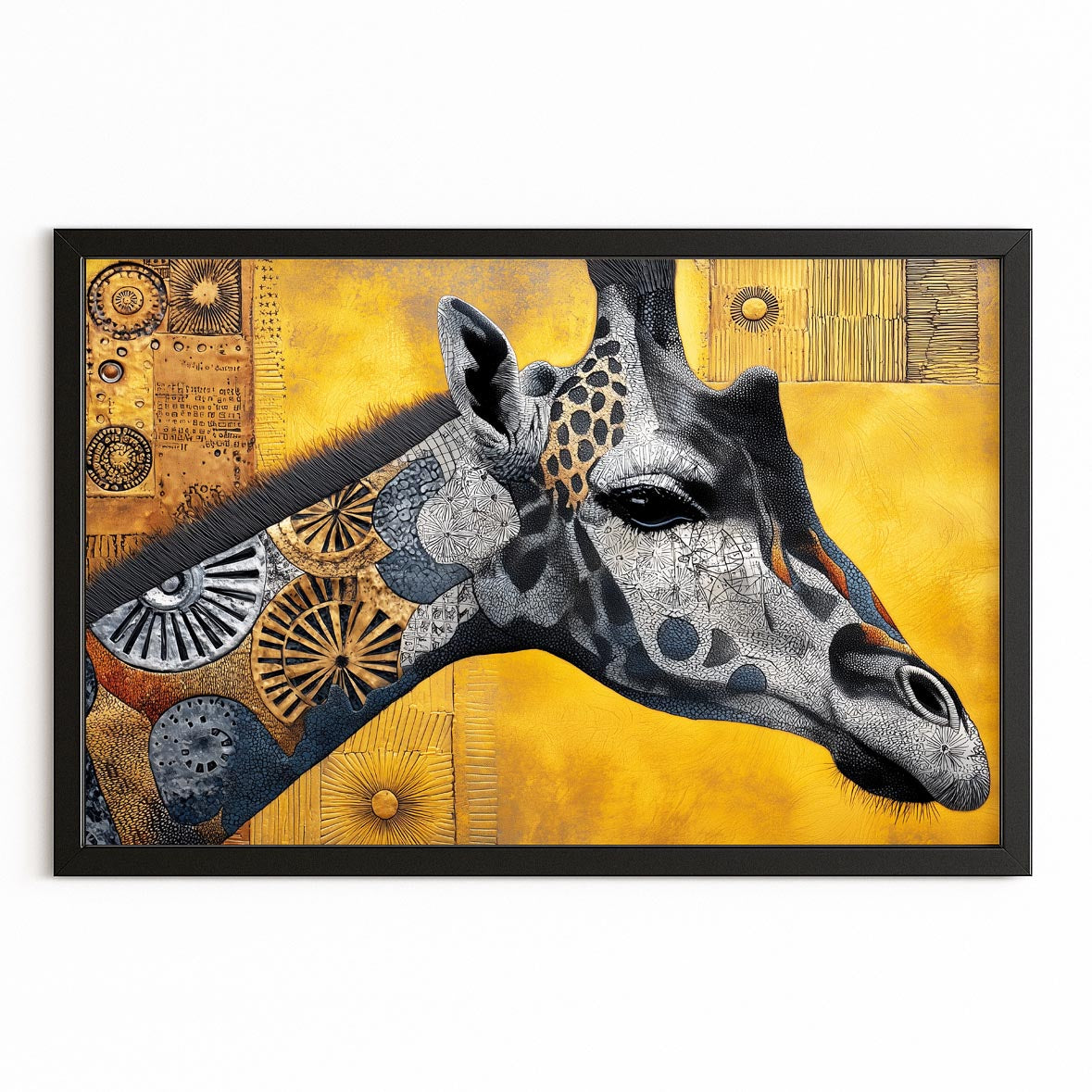 Framed artwork of a giraffe's head with abstract patterns on a yellow background