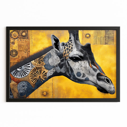 Framed artwork of a giraffe's head with abstract patterns on a yellow background
