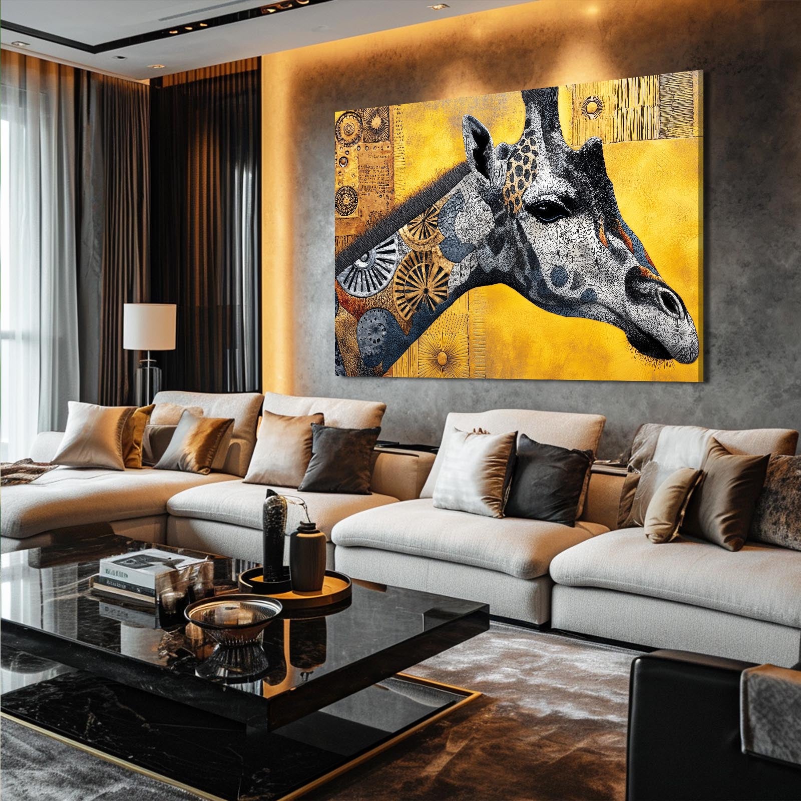 Modern living room with a large giraffe painting on the wall