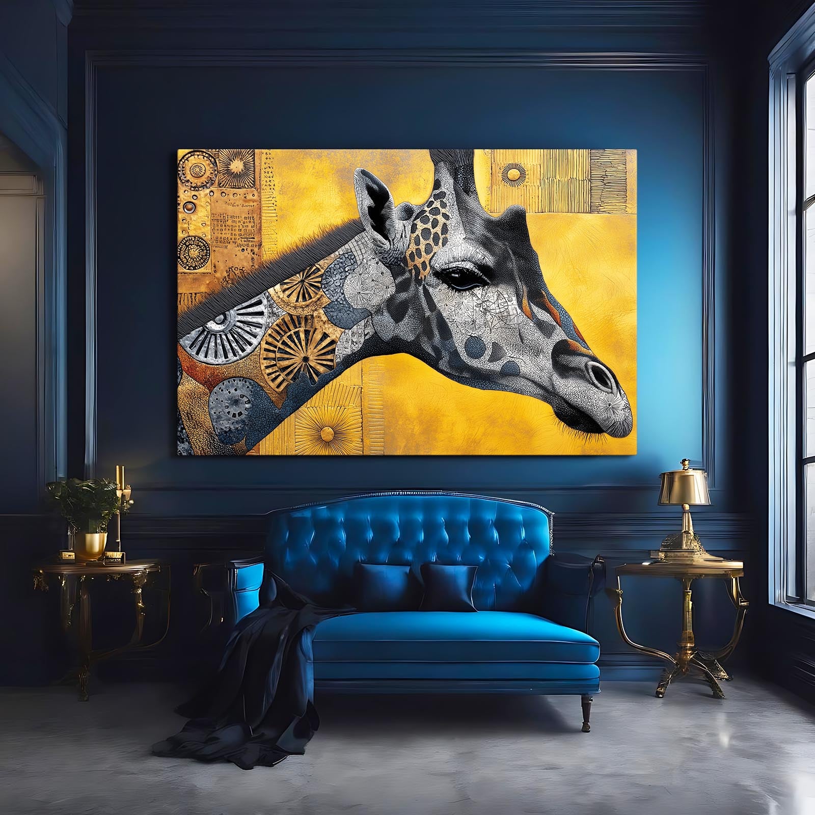 Giraffe painting on a yellow background in a room with blue walls, a blue sofa, and gold side tables.