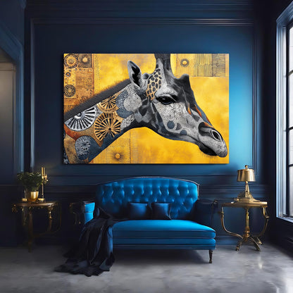 Giraffe painting on a yellow background in a room with blue walls, a blue sofa, and gold side tables.