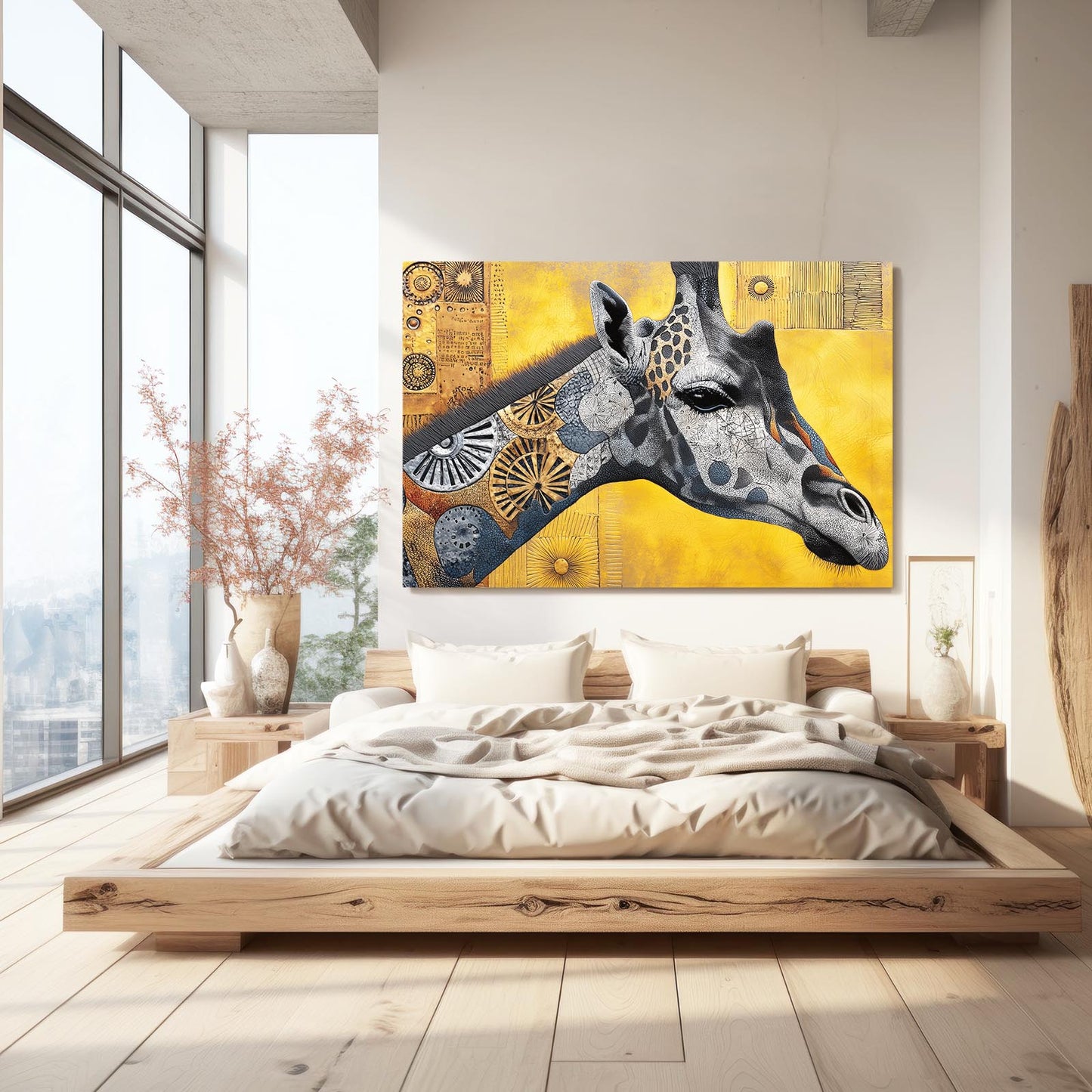 Modern bedroom with a large bed and a colorful giraffe painting on the wall.