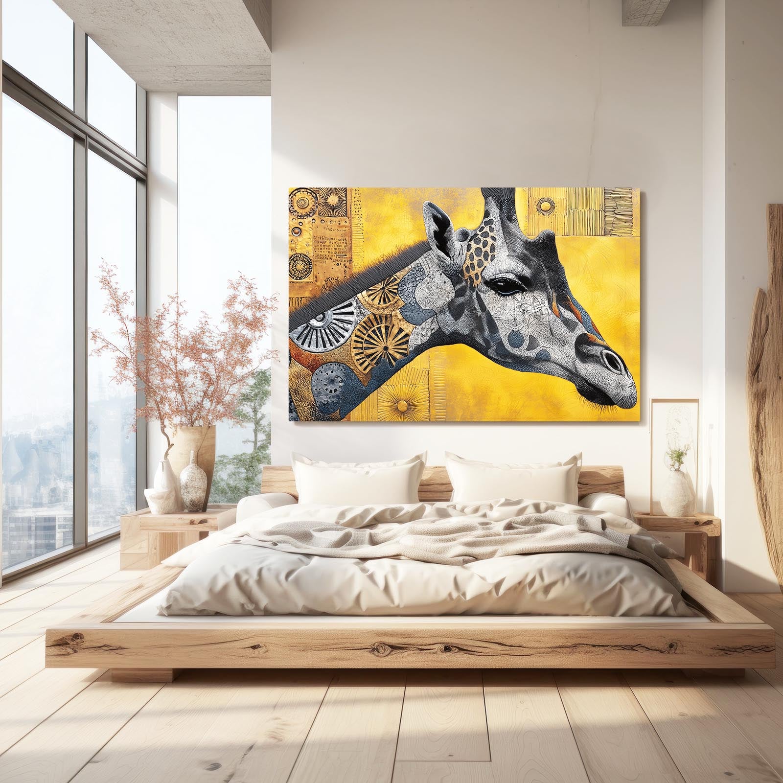 Modern bedroom with a large bed and a colorful giraffe painting on the wall.