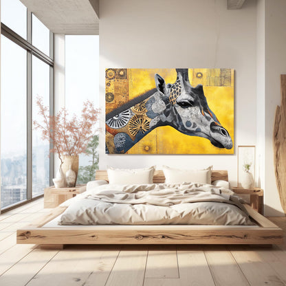 Modern bedroom with a large bed and a colorful giraffe painting on the wall.