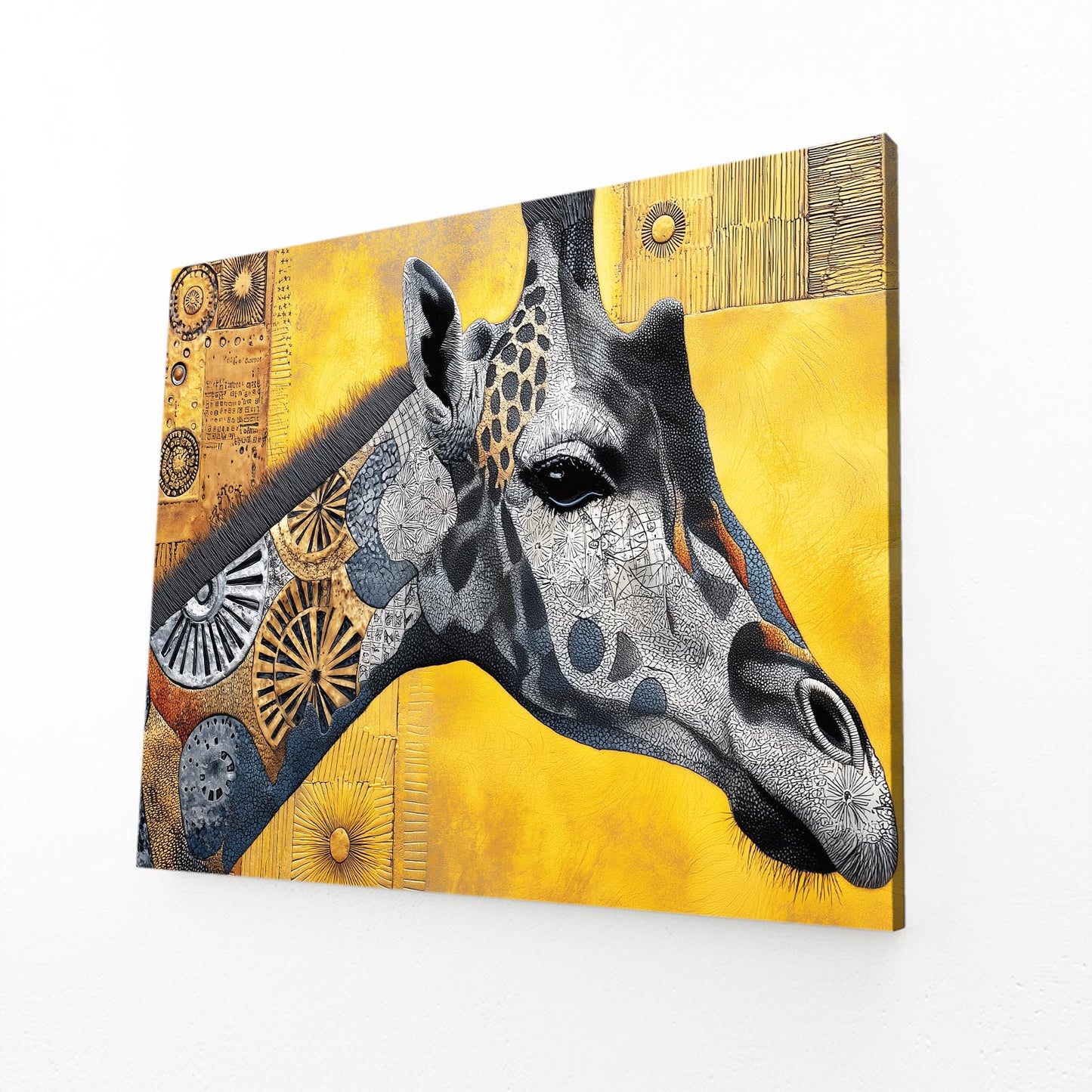Giraffe portrait with decorative elements on a yellow background