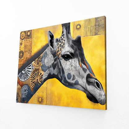 Giraffe portrait with decorative elements on a yellow background