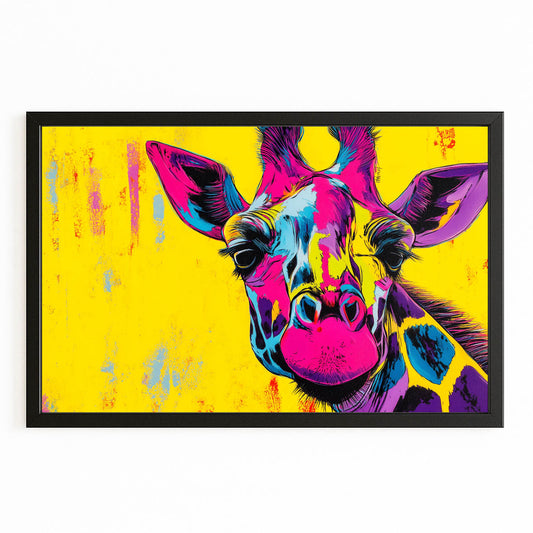 Colorful giraffe painting on a yellow background with a black frame