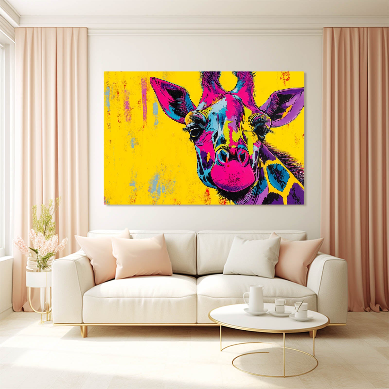Colorful abstract giraffe painting on a wall above a white sofa in a living room.