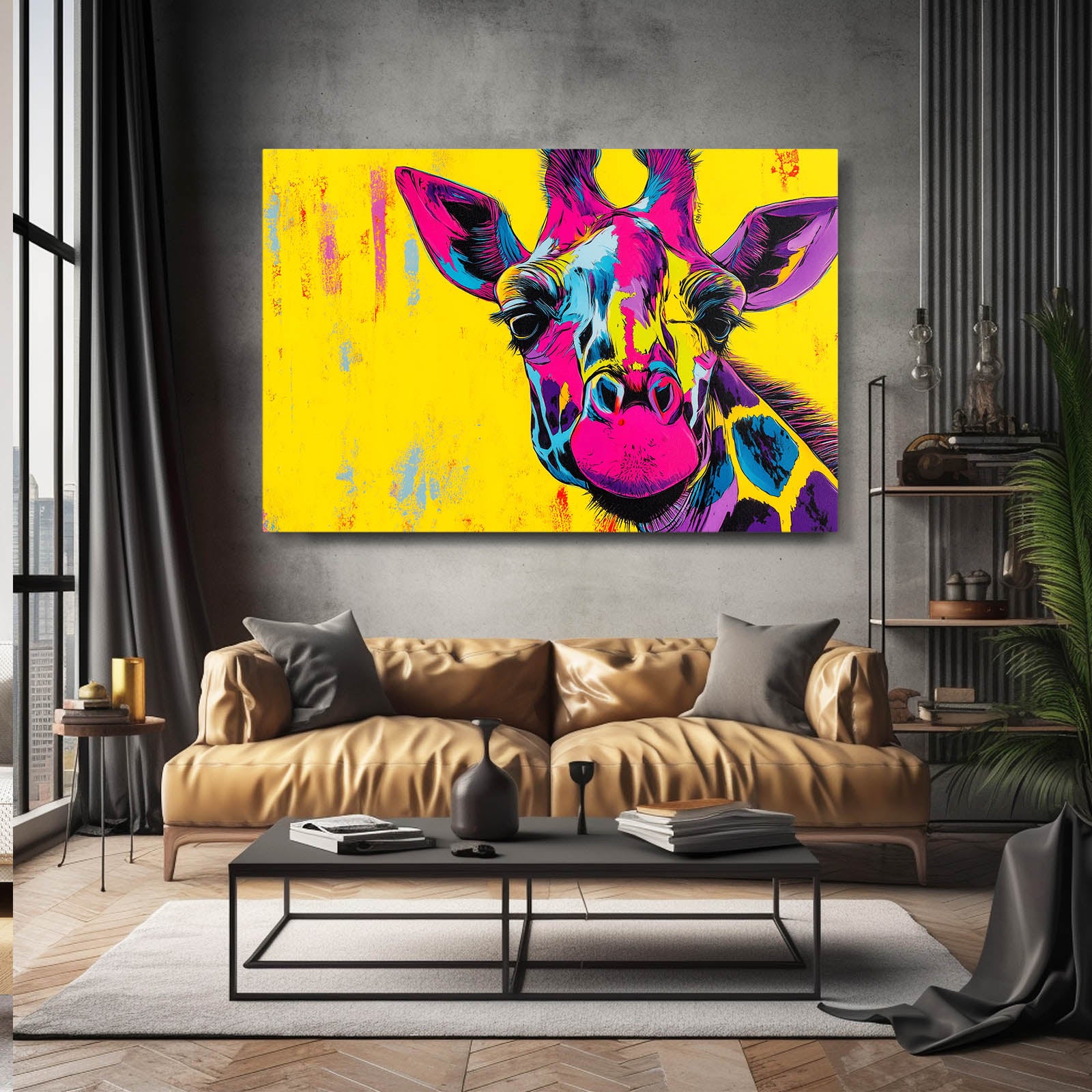 Colorful giraffe painting on a wall above a brown sofa in a living room.
