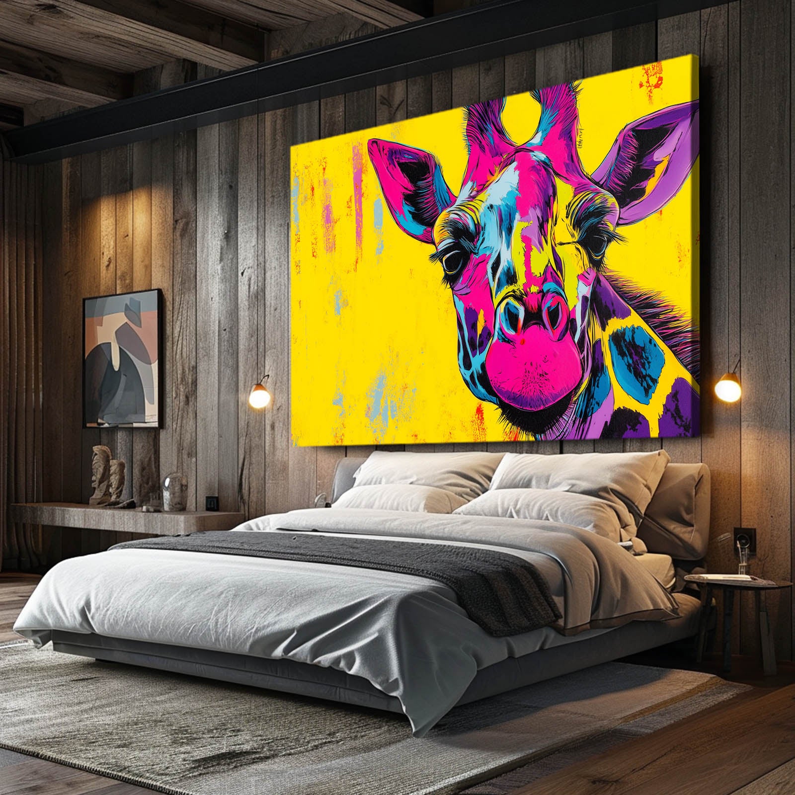Modern bedroom with a colorful giraffe painting on the wall.