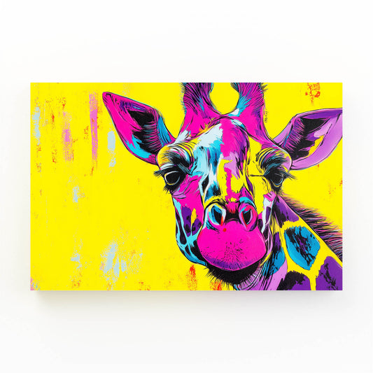 Colorful giraffe painting on a yellow background
