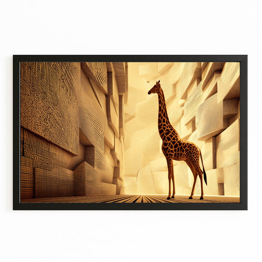 Giraffe standing in a geometric, abstract architectural setting with a black frame.