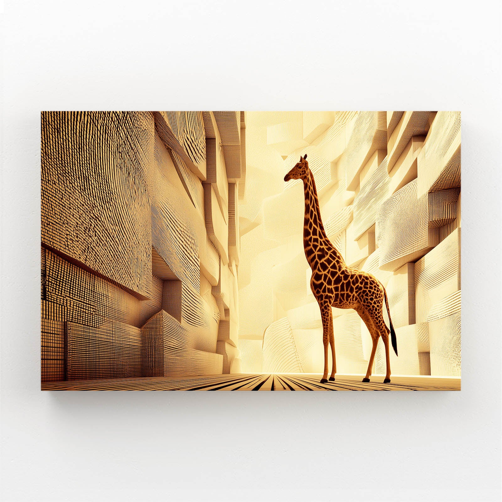 Giraffe standing in a futuristic, geometric landscape with warm tones.