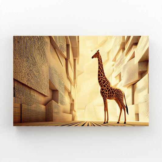 Giraffe standing in a futuristic, geometric landscape with warm tones.