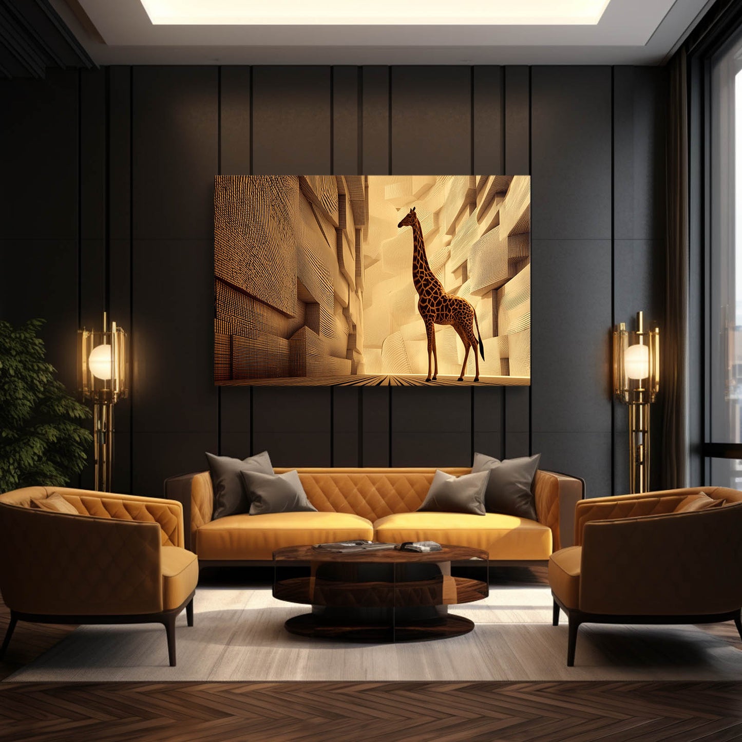 Modern living room with a yellow sofa, armchairs, and a large giraffe painting on the wall.
