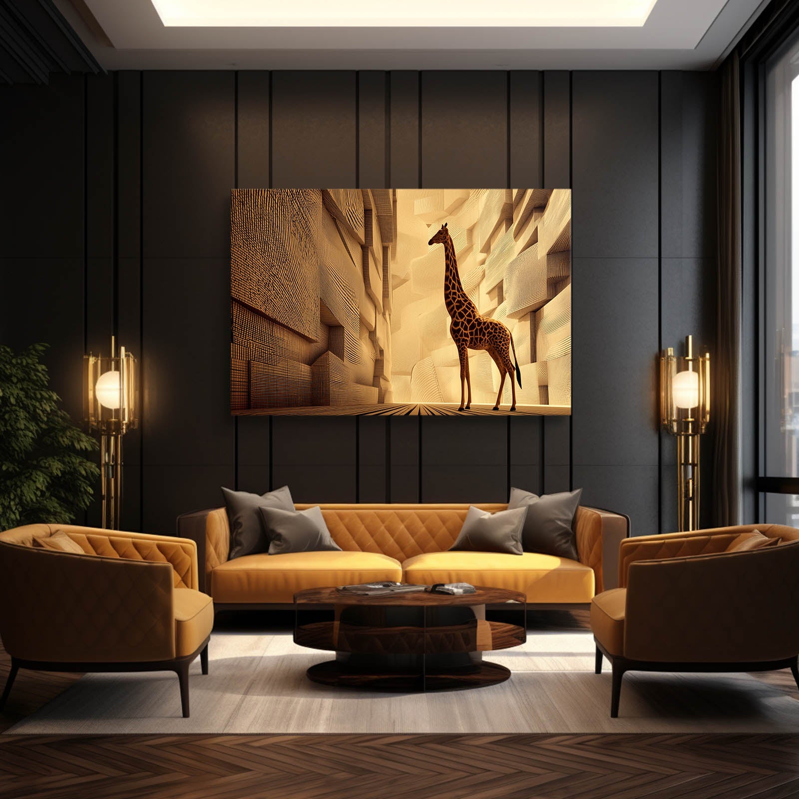 Modern living room with a yellow sofa, armchairs, and a large giraffe painting on the wall.