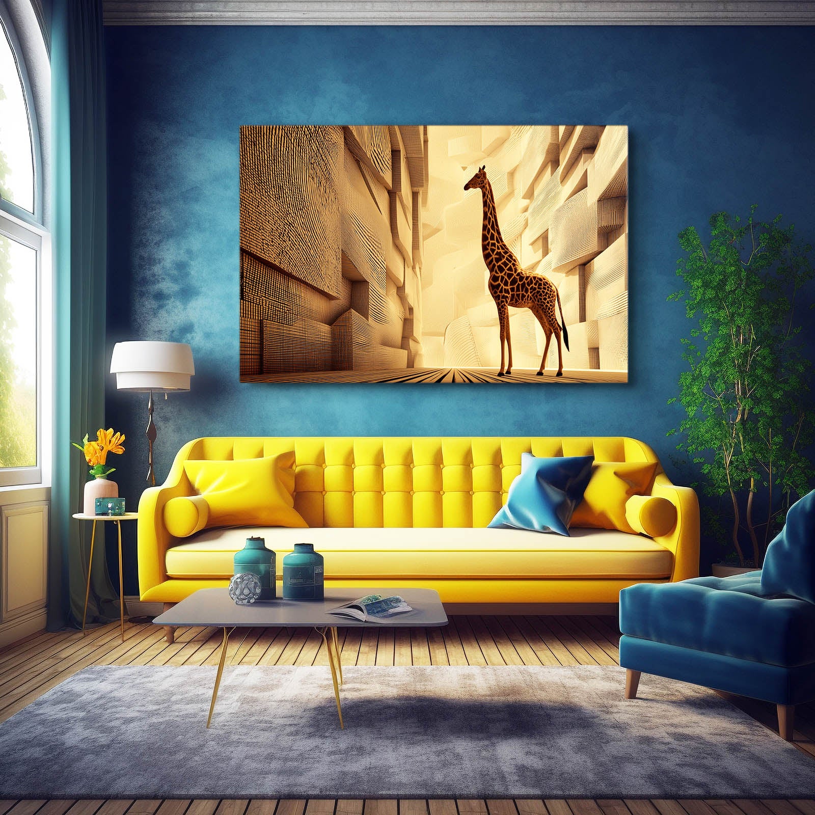 Modern living room with a yellow sofa, blue armchair, and a painting of a giraffe on the wall.