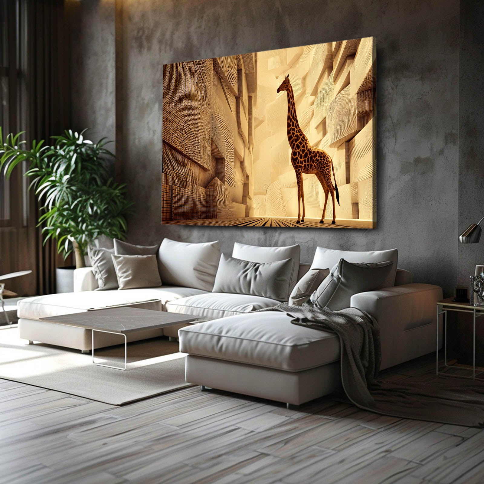 Modern living room with a giraffe painting on the wall