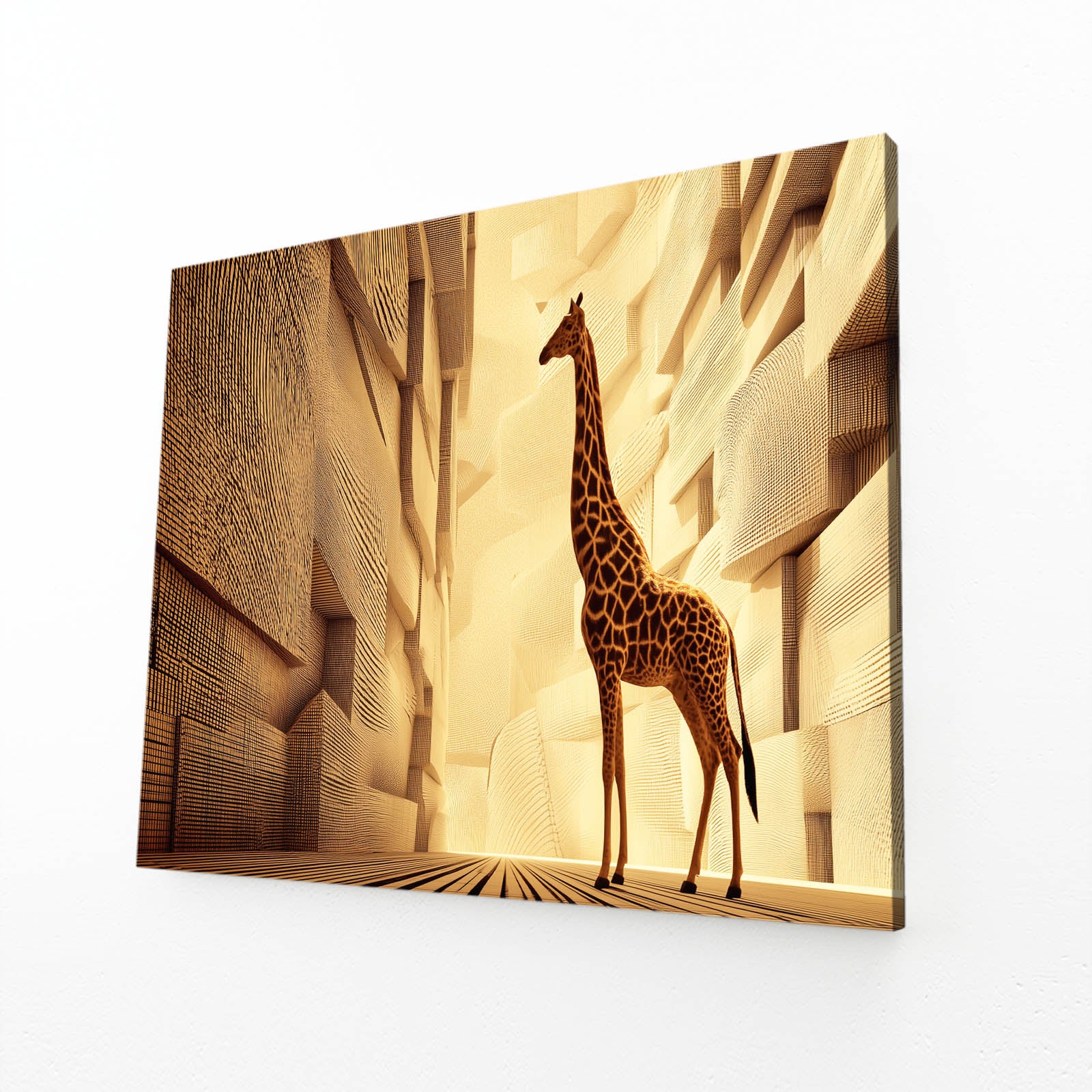 Giraffe standing in a stylized, abstract landscape with geometric shapes.