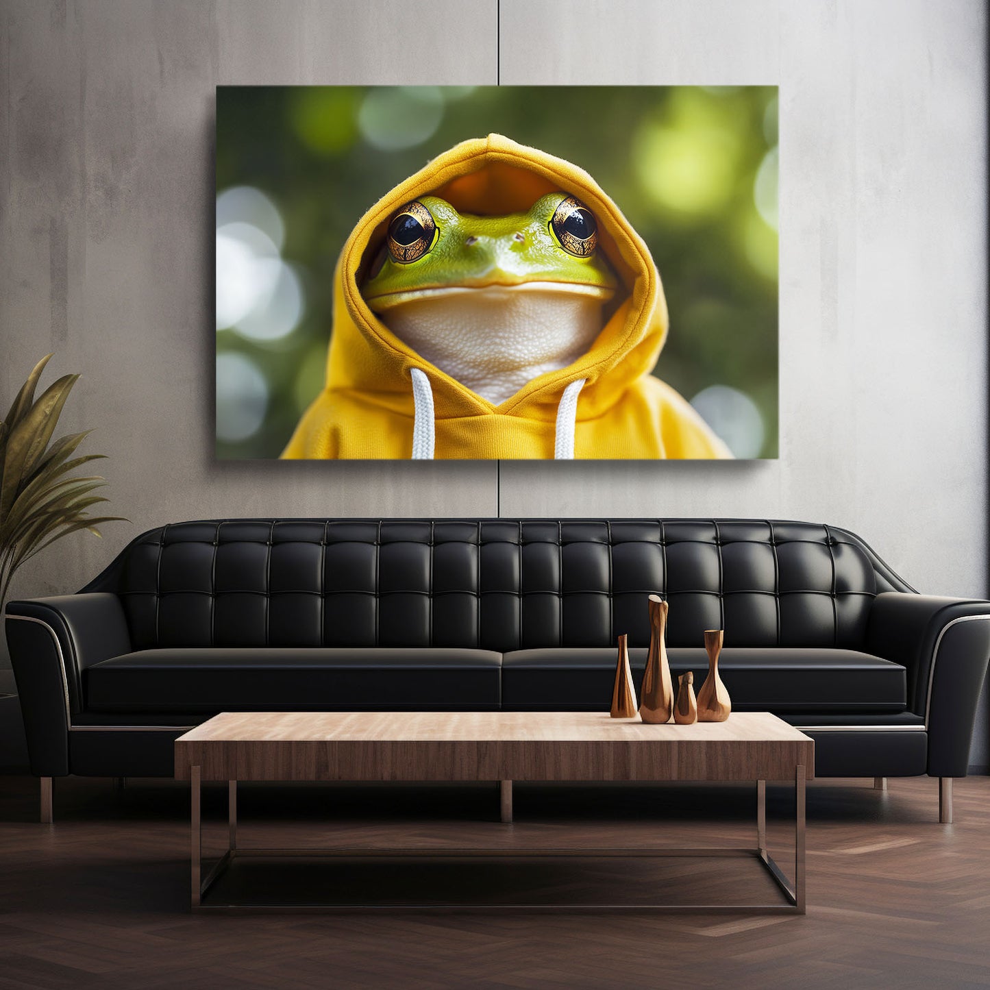 Yellow Hoodie Frog Prints – styled in a furnished interior