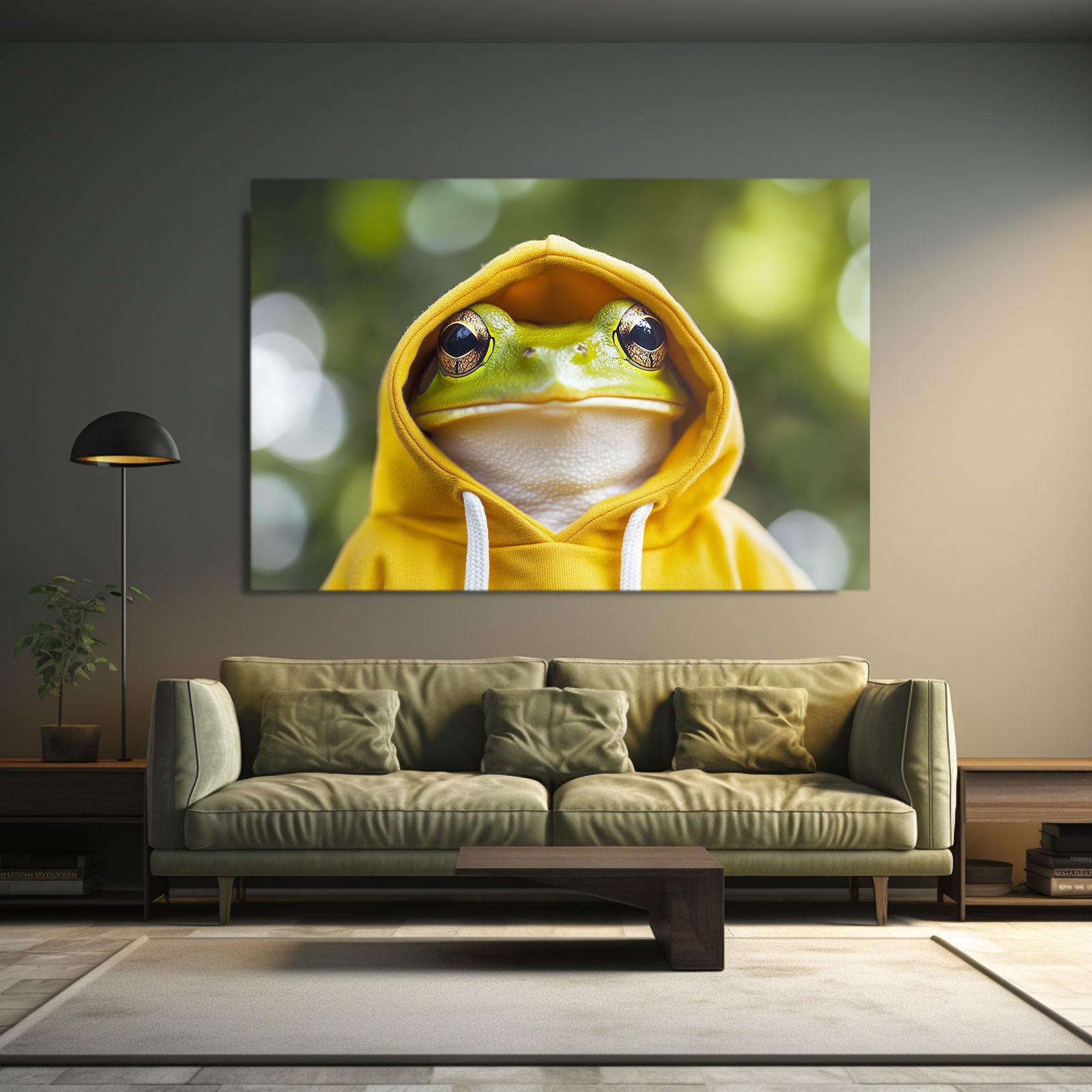 Yellow Hoodie Frog Prints – styled in a furnished interior