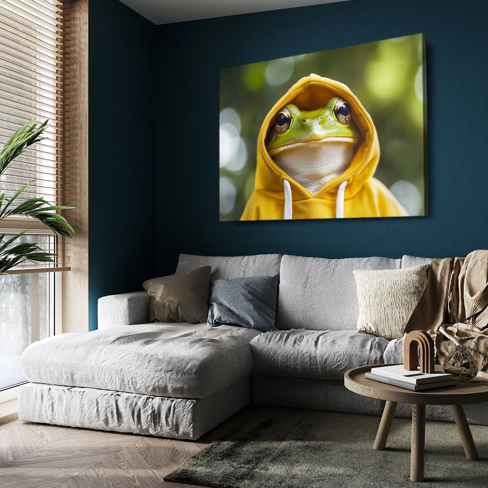 Yellow Hoodie Frog Prints – styled in a furnished interior