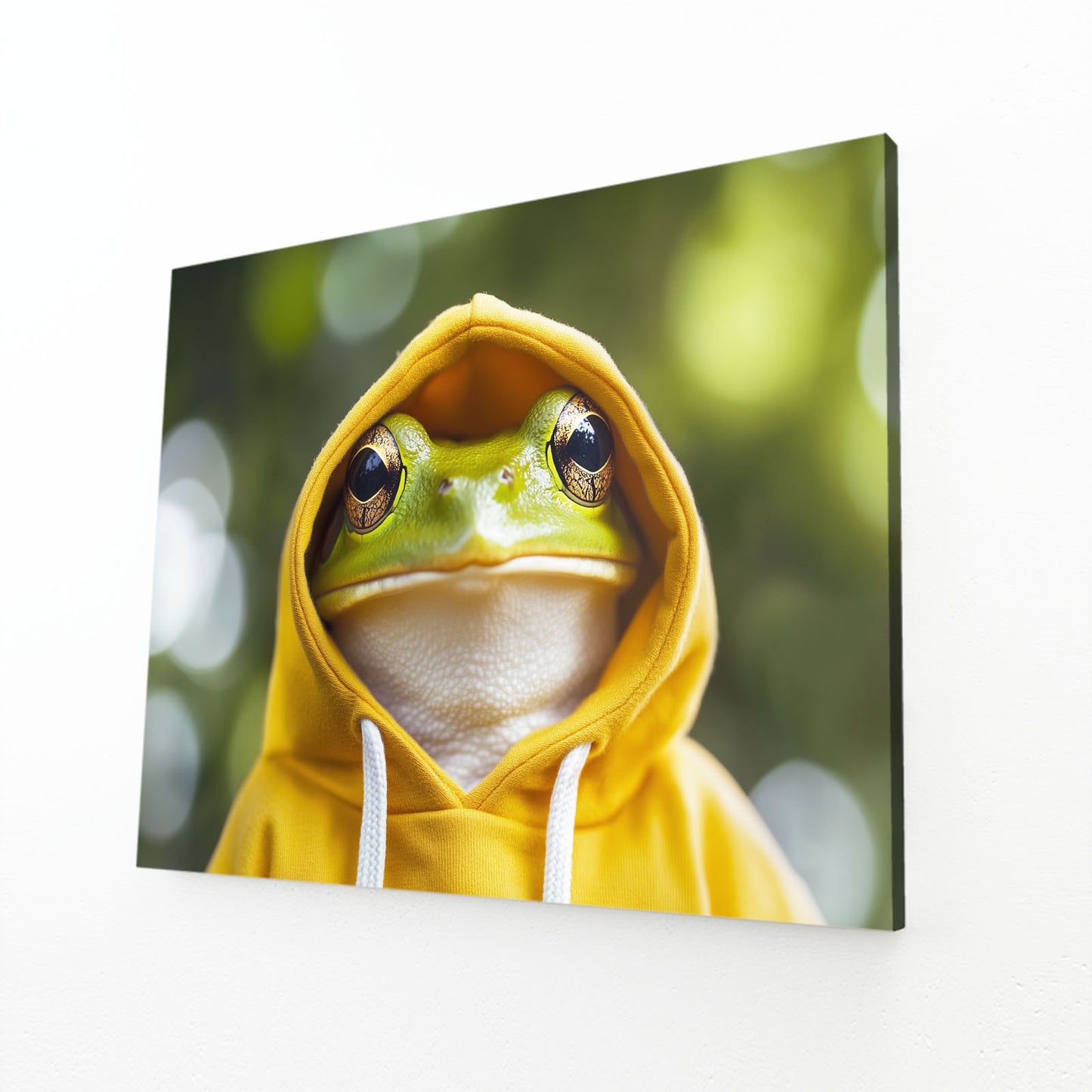 Yellow Hoodie Frog Prints – angled canvas view on white background