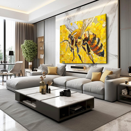 Yellow Mosaic Bee Art — mosaic canvas print in orange tones, view 3