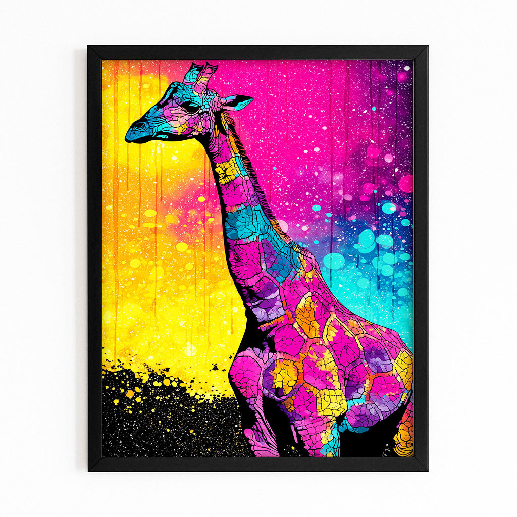 Colorful abstract giraffe art print on a white background