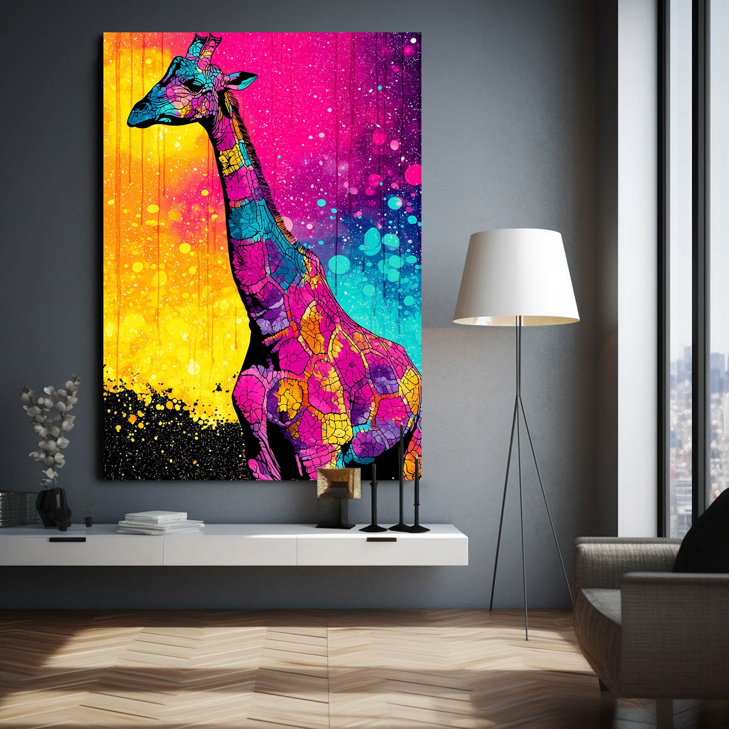 Colorful abstract giraffe painting on a wall with a modern interior setting.