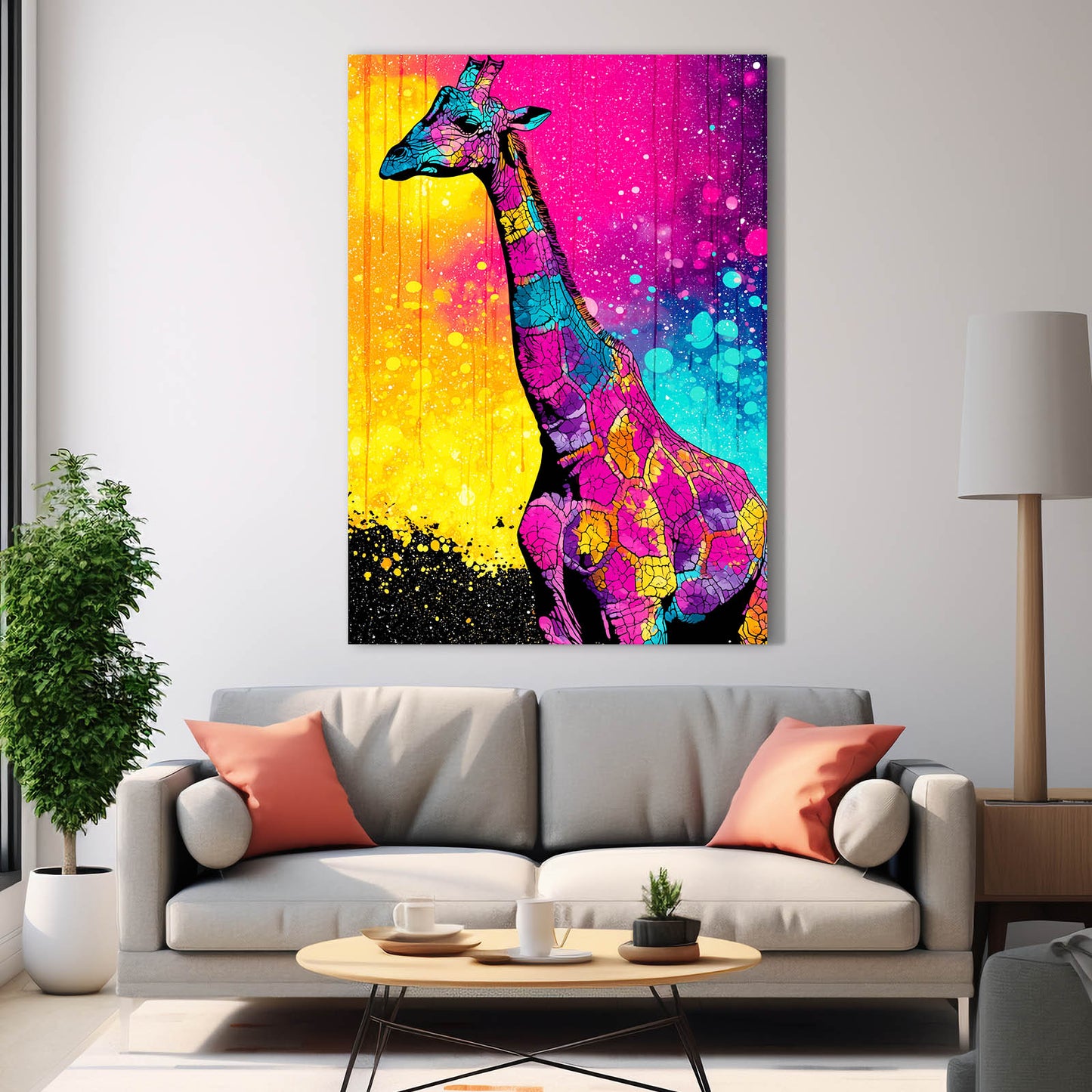 Colorful abstract giraffe painting on a wall above a gray sofa with orange cushions.