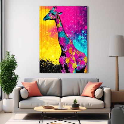 Colorful abstract giraffe painting on a wall above a gray sofa with orange cushions.