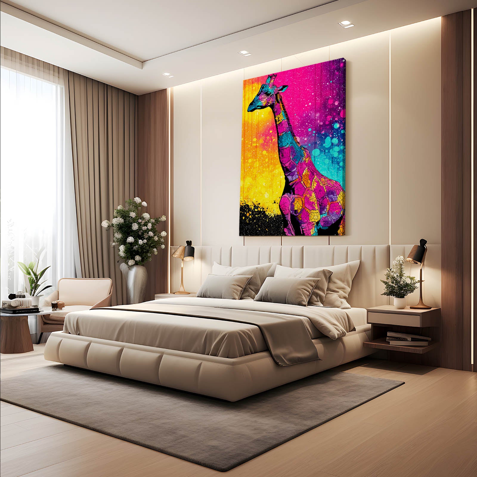 Modern bedroom with a colorful giraffe painting on the wall