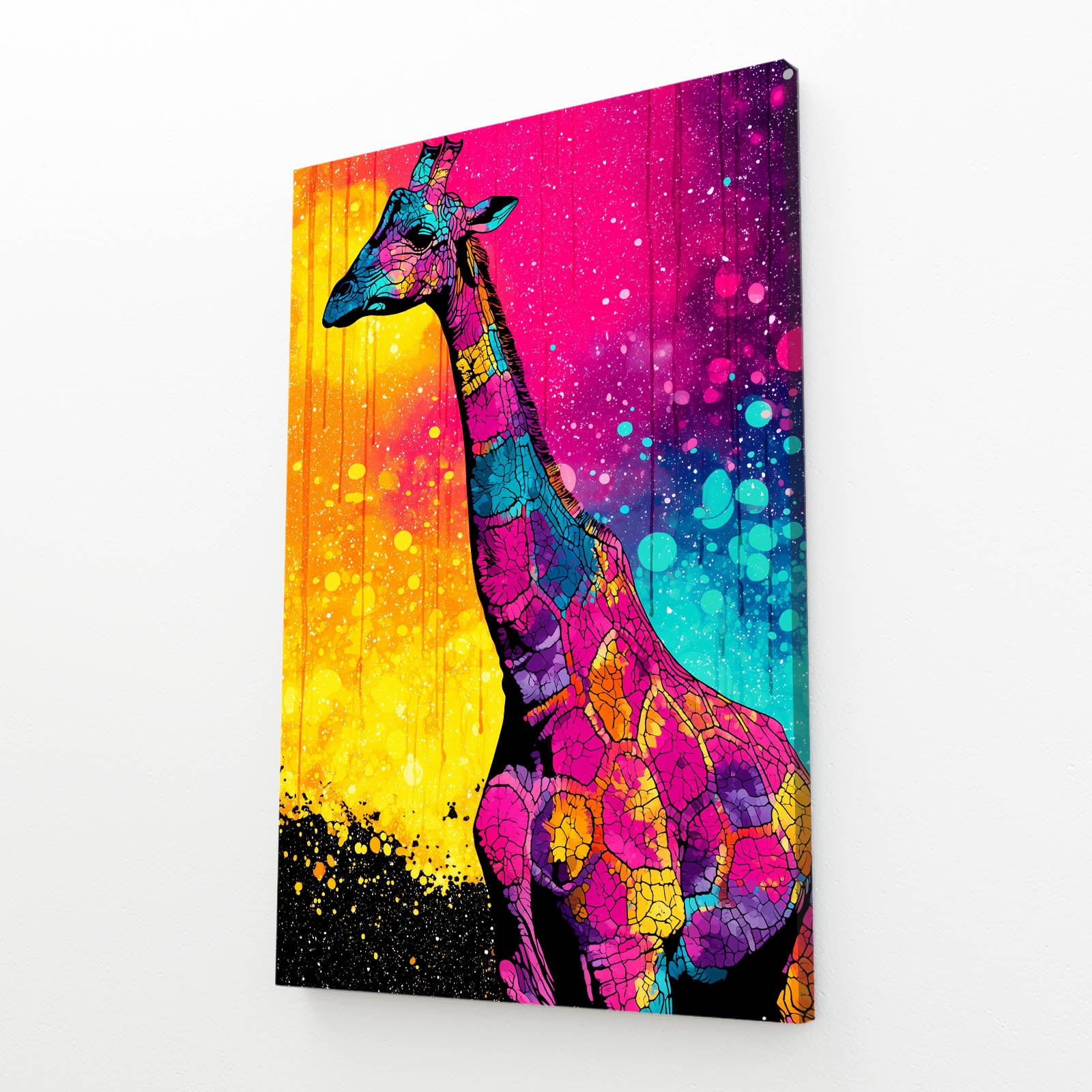 Colorful abstract giraffe painting on a white background