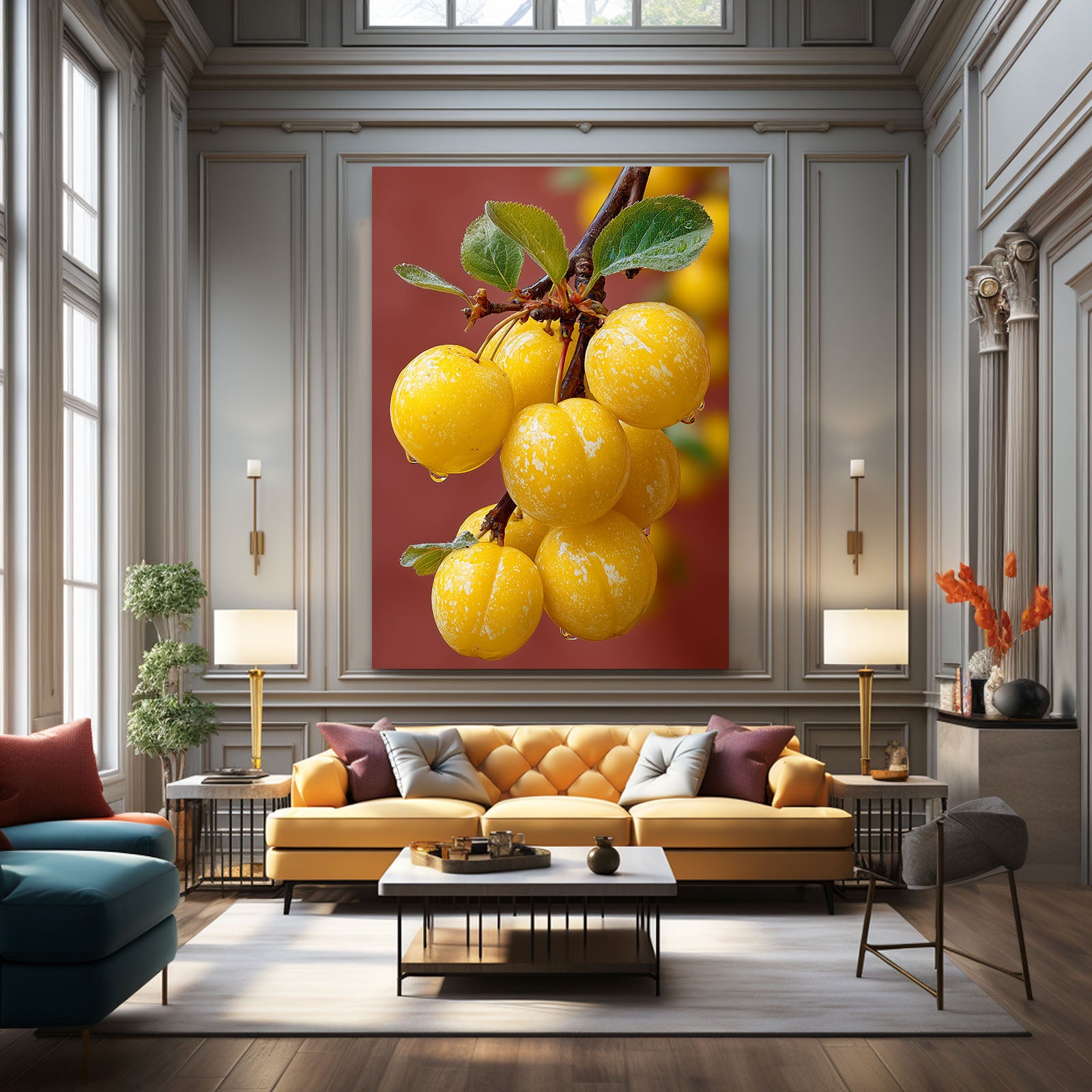 Yellow Plum Branch Fruit Canvas – with Premium Black frame on white background