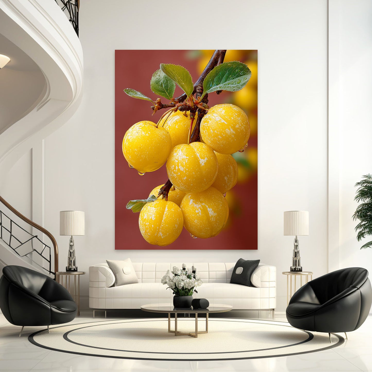 Yellow Plum Branch Fruit Canvas – with Premium Black frame on white background