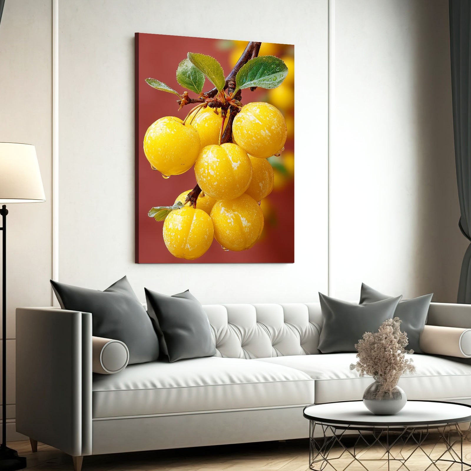 Yellow Plum Branch Fruit Canvas – with Premium Black frame on white background
