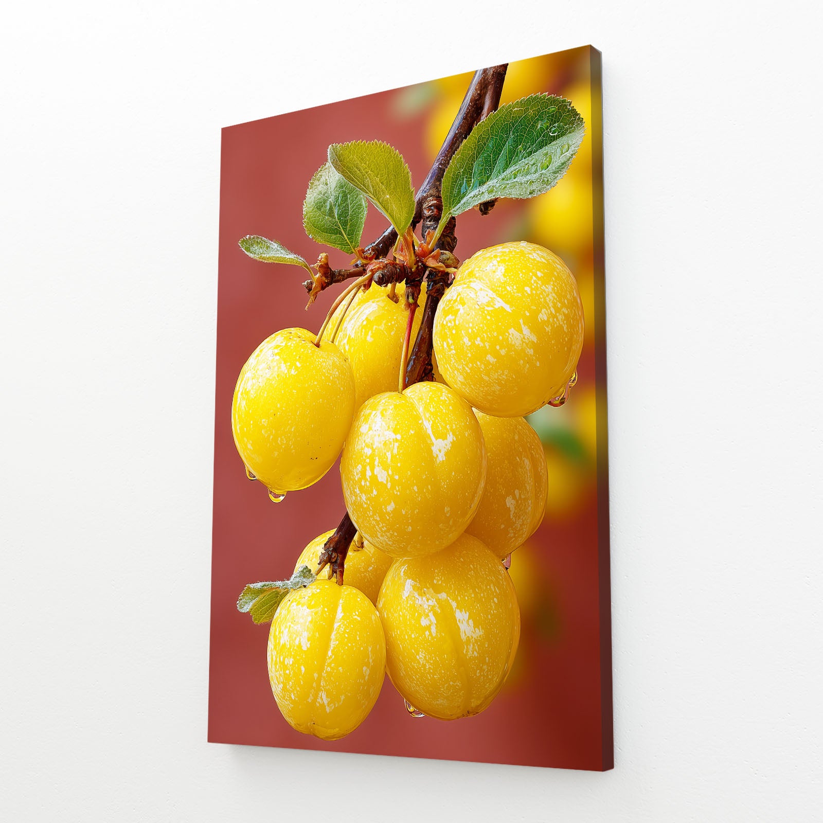 Yellow Plum Branch Fruit Canvas – with Premium Black frame on white background