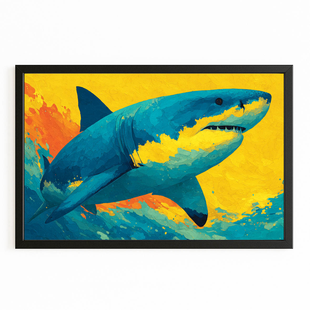 Yellow Pop Art Shark Wall Art – with Premium Black frame on white background