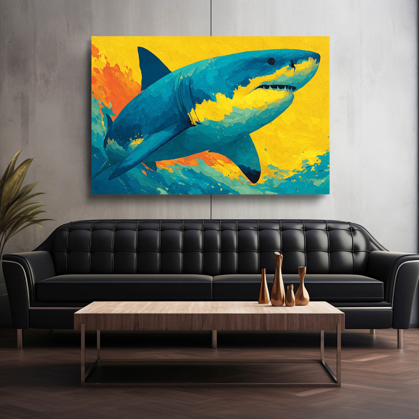Yellow Pop Art Shark Wall Art – styled in a furnished interior