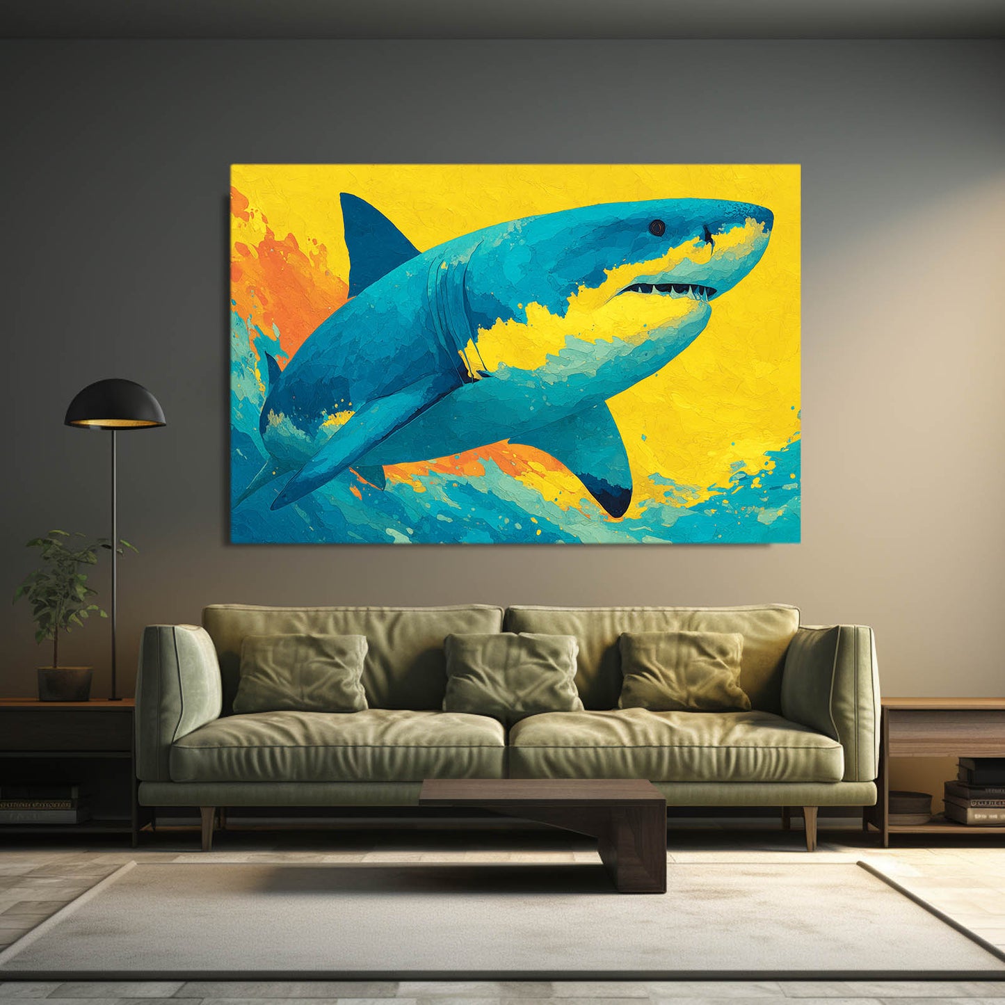 Yellow Pop Art Shark Wall Art – styled in a furnished interior