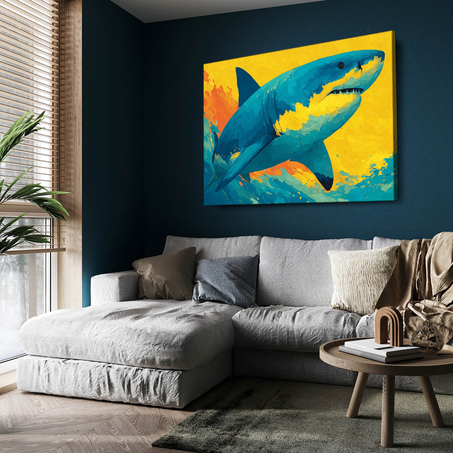 Yellow Pop Art Shark Wall Art – styled in a furnished interior