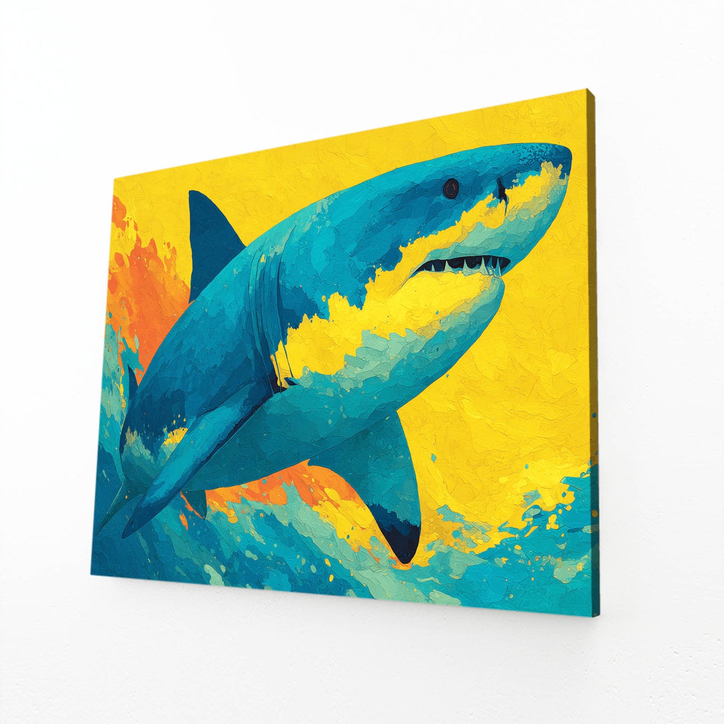 Yellow Pop Art Shark Wall Art – angled canvas view on white background
