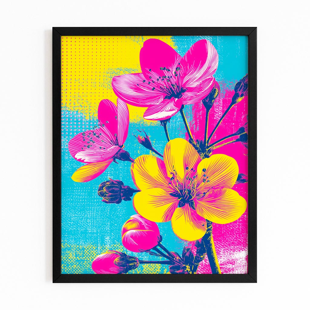 Yellow Pop Blooms Cherry Blossom Art – with Premium Black frame on white background