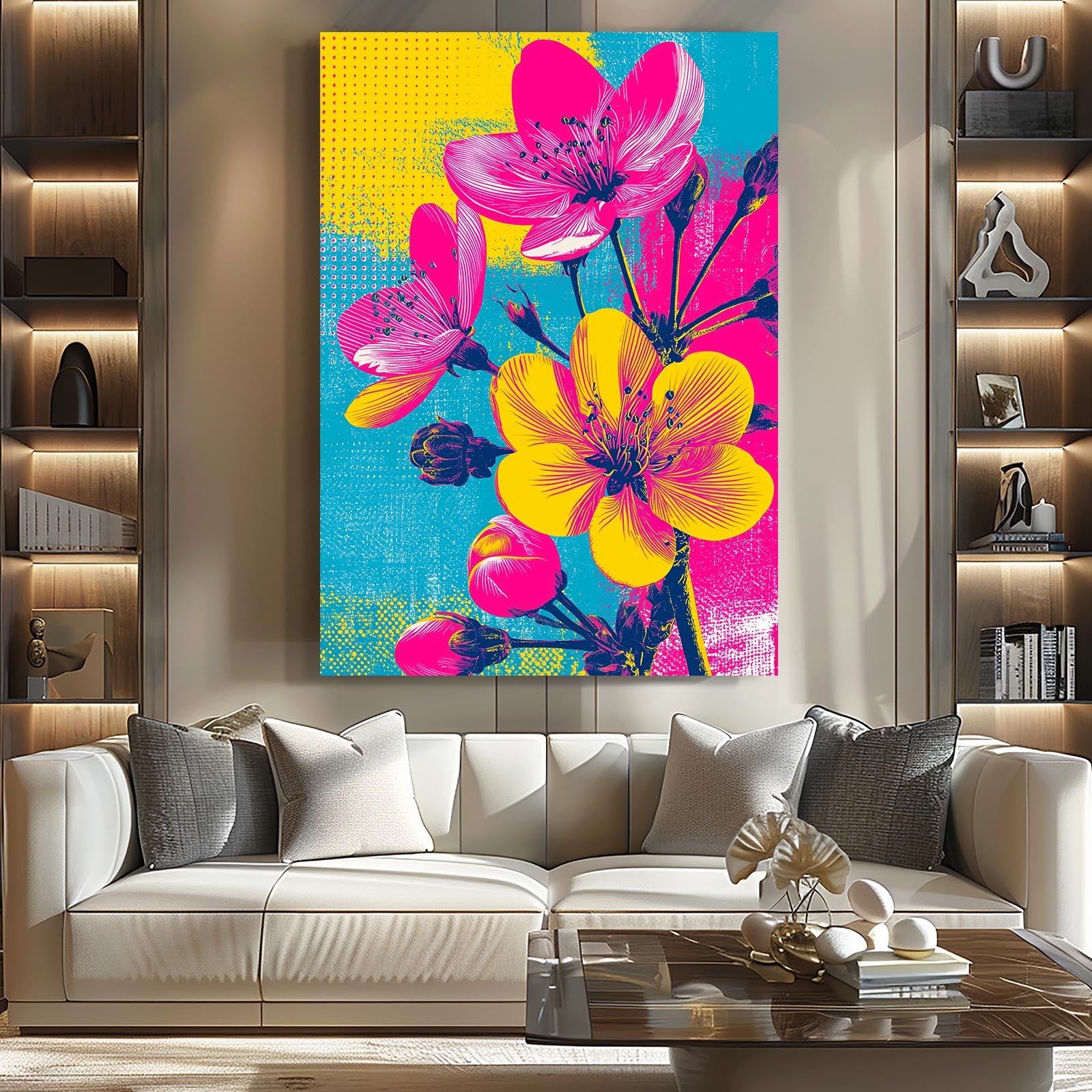 Yellow Pop Blooms Cherry Blossom Art – styled in a furnished interior
