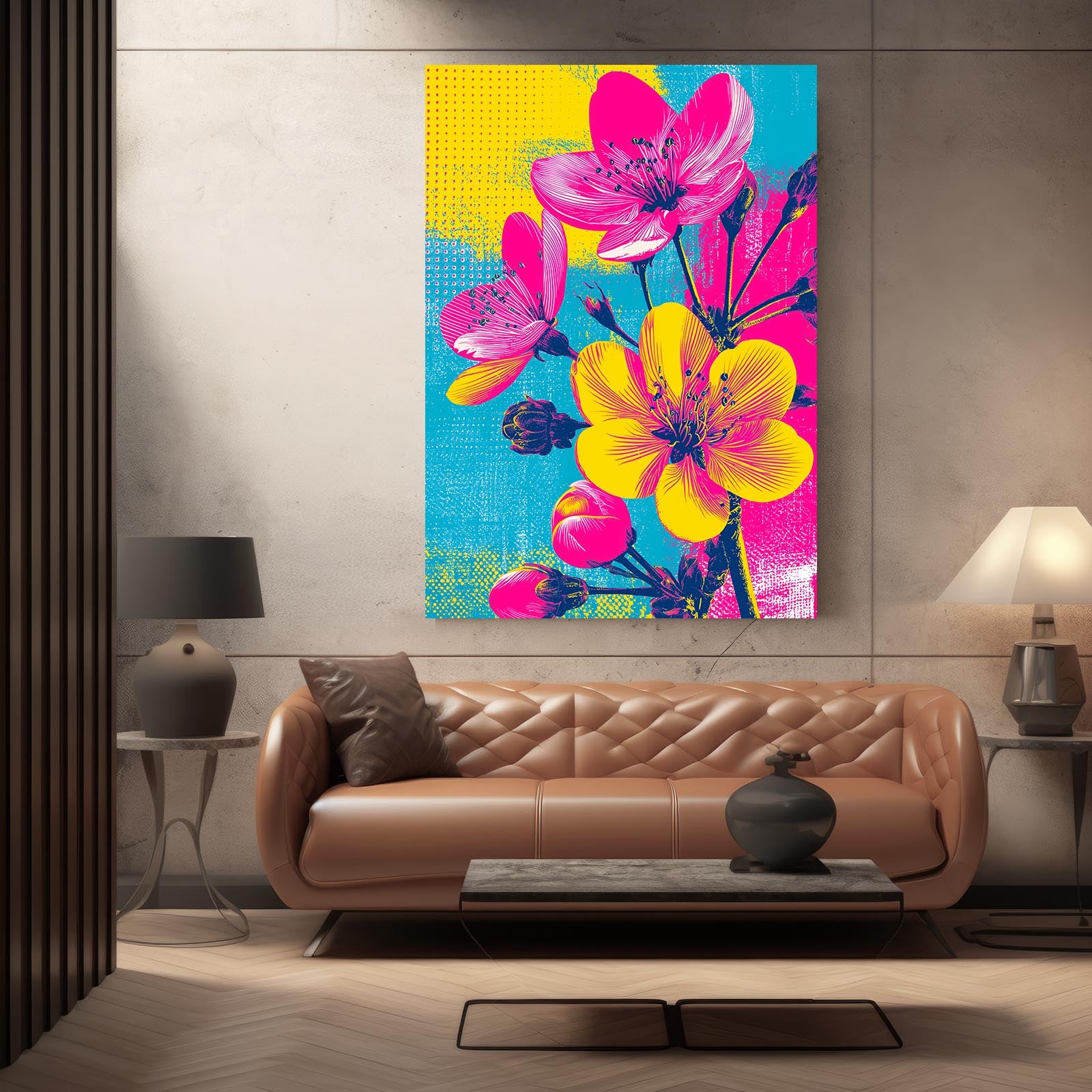 Yellow Pop Blooms Cherry Blossom Art – styled in a furnished interior