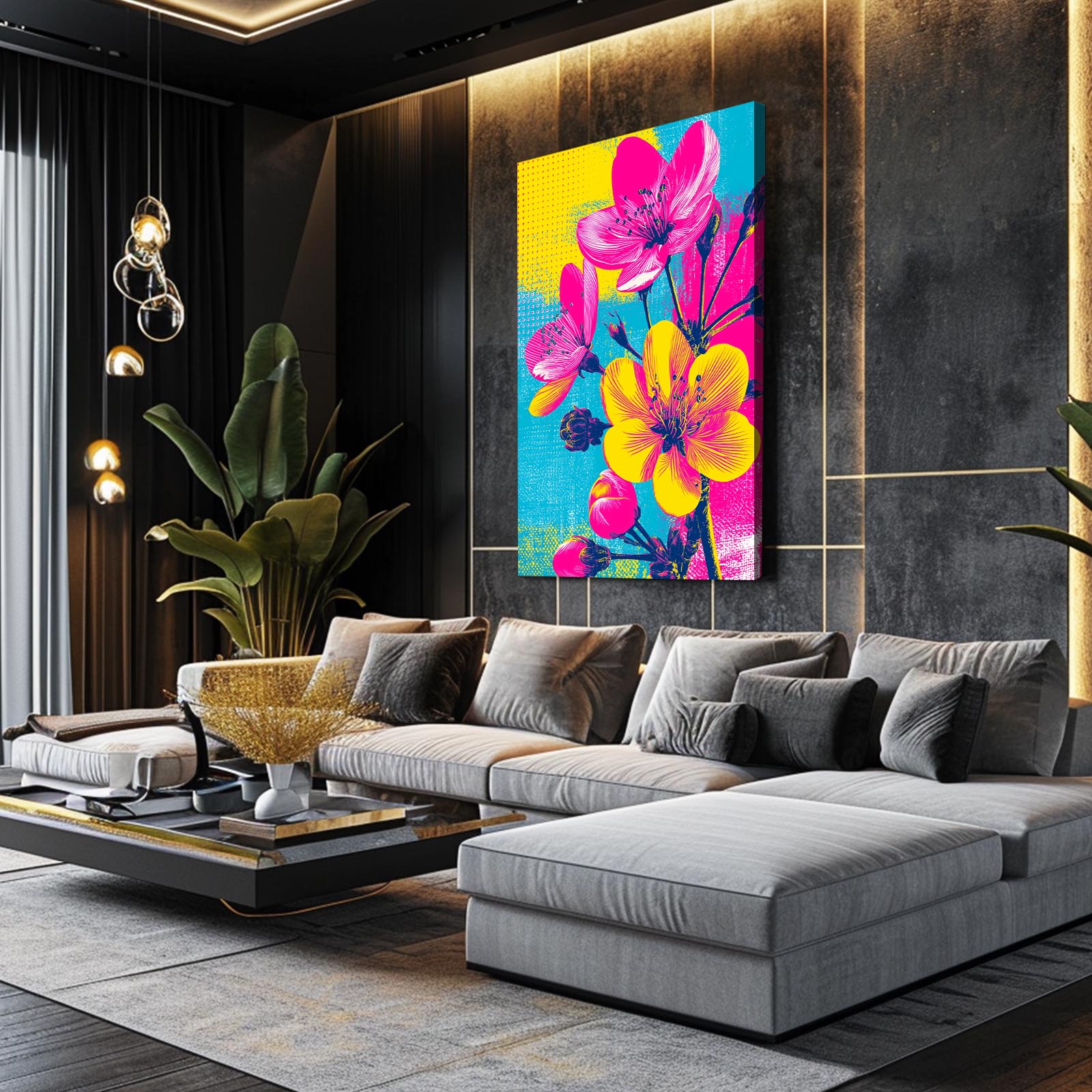 Yellow Pop Blooms Cherry Blossom Art – styled in a furnished interior